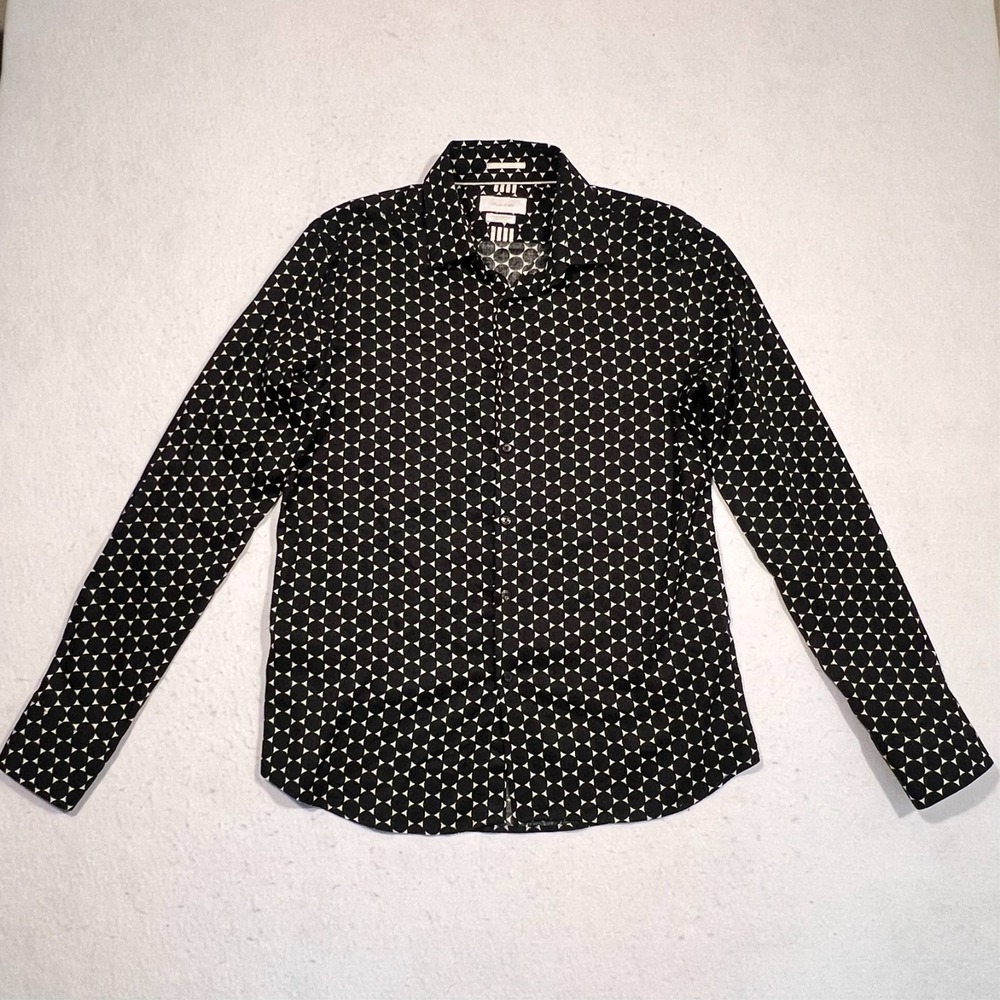 Porter & Ash Button Up Shirt Geometric Black Long Sleeve 4 Way Stretch Women's L